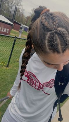 Two dutch crossover braids into one high braid Crossover Braids Hairstyles, Cute Braids For Sports, Fun Braided Hairstyles For Sports, Braided Hairstyles Basketball, Dutch Braid Hairstyles For Softball, Cute Braided Up Hairstyles, Up Hairstyles Sports, Braided Running Hairstyles, Braided Basketball Hairstyles