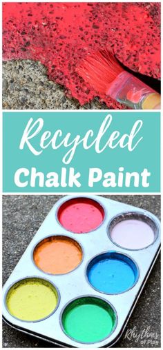 the process to make recycled chalk paint is shown in this collage with text overlay