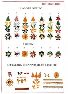 an old russian embroidery pattern with flowers and leaves on the side, in different colors