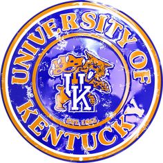 the university of kentucky logo is shown in blue and orange with an orange tiger on it