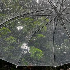 an open umbrella with rain drops on it in front of some trees and bushes,