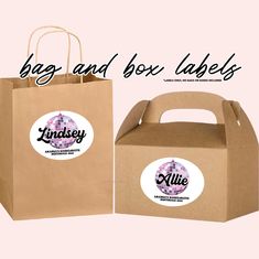 two brown bags with logos on them and the words, bag and box labels below