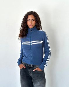 Navy with Iovry Stripes Sporty Zip Through Jacket | Talisa – motelrocks-com-us Parallel Jeans, Outfits Simple, Shiny Pants, Mens Haircuts Short, Outer Wear, Bandeau Dress, 90s Streetwear, Style Cardigan, Knitted Cardigan