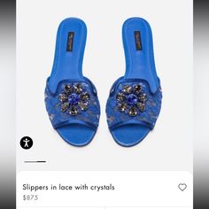 Brand New. Stylish. Never Worn. Spring Embellished Blue Sandals, Blue Embellished Sandals For Spring, Spring Blue Embellished Sandals, Elegant Flat Party Slippers, Designer Blue Slip-on Sandals, Blue Flat Sandals For Formal Occasions, Blue Flat Heel Sandals For Formal Occasions, Blue Formal Sandals With Flat Heel, Elegant Blue Flat Heel Sandals