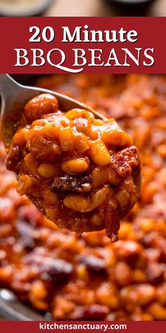 a spoon full of bbq beans with text overlay that reads 20 minute bbq beans