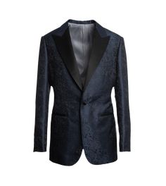 Blue/Black Ariston Paisley Jacquard Tuxedo Jacket Fitted Jacquard Outerwear For Semi-formal Occasions, Single-breasted Jacquard Outerwear With Long Sleeves, Classic Long Sleeve Jacquard Outerwear, Luxury Tailored Jacquard Outerwear, Luxury Jacquard Blazer With Notch Lapel, Tailored Jacquard Single Breasted Blazer, Elegant Single Breasted Jacquard Blazer, Tailored Jacquard Single-breasted Blazer, Single Breasted Jacquard Elegant Blazer