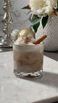 an ice cream sundae on a marble table