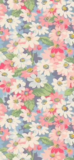 an image of a flower pattern on a blue and pink background with white daisies