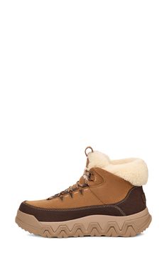 This incredibly comfy boot serves up timeless chilly-season style with it's soft fleece lining and waterproof membrane. It's lined with UGGplush, a moisture-wicking textile made from a wool-rich blend but crafted to feel and wear like genuine shearling, while the sole is partially sourced from renewable sugarcane. 2 1/2" heel; 1 1/2" platform (size 8.5) 4 1/2" shaft Waterproof: protects against rain, puddles and slush to keep feet dry in wet conditions Lace-up style Cushioned footbed Gusseted to Sporty Brown Hiking Boots For Winter, Sporty Brown Winter Hiking Boots, Outdoor Shearling Ankle Boots, Shearling Boots For Outdoor In Fall, Shearling Ankle Boots For Outdoor, Casual Winter Boots With Leather Trim, Outdoor Insulated Shearling Boots, Rugged Waterproof Boots With Cushioned Footbed For Winter, Winter Outdoor Waterproof Shearling Boots