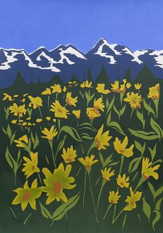 a painting of yellow flowers with mountains in the background