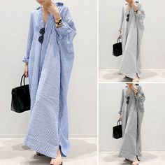 Great Shopping Women's Long Sleeve Button Down Stripe Casual Loose Caftan Long Maxi Shirt , Women's Dresses Long Sleeve Maxi Shirt, Long Maxi Striped Dress, Upcycle Mens Dress Shirt For Women Maxi, Striped Long Sleeve Shirt Dress, Button Down Shirt Dress Maxi, Long Shirt Dress For Fall, Long Sleeve Tshirt Maxi Dress, Cheap Button-up Maxi Dress For Beach, Blouson Long Dress