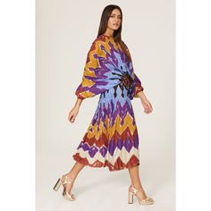 Multicolor printed polyester (100% Polyester). Blouson. Crew neck. Long sleeves. Pull on. 56" from shoulder to hemline. Imported. Multicolor A-line Maxi Dress For Fall, Multicolor Midi Dress With Vibrant Print, Multicolor Printed Midi Dress For Fall, Fall Season Multicolor Printed Midi Dress, Bohemian Pleated Fall Dresses, Fall Bohemian Pleated Dress, Multicolor Print Midi Dress For Party, Multicolor Print Midi Party Dress, Multicolor Maxi Dress For Fall