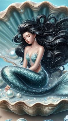 a mermaid with long hair sitting on top of an ocean shell in the water, surrounded by bubbles