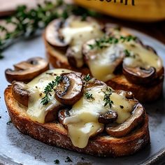 two pieces of bread topped with cheese and mushrooms