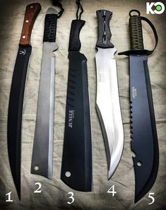 four different types of knifes are shown with numbers on the side and one has a black handle