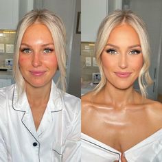 two women with blonde hair and white shirts posing for the camera, one is showing off her breast