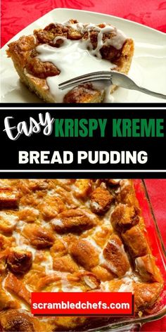 easy krispy kreme bread pudding recipe in a glass dish with a fork