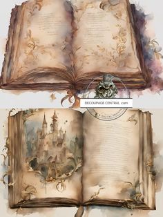 an open book with watercolor drawings on it