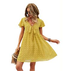 Yellow V Neckline Bowknot Front Mini Dress Casual Flowy Mini Dress With Tie Waist, V Neckline, Mini Dresses, Women Dresses, Dresses Mini, Mini Dress, Yellow, Dresses