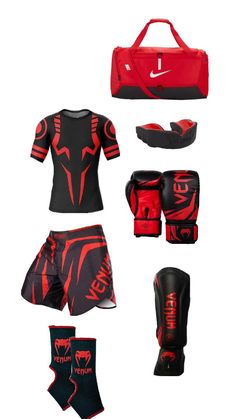 a red and black kit with gloves, knee pads, and gym bag on it