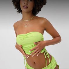 New Without Tags Neon Green Frankie’s Bikini’s Tube Top Style With Skirt Style Bottom Green Sleeveless Tube Top For Vacation, Strapless Stretch Tankini For Spring, Spring Strapless Stretch Tankini, Green Beachwear Tube Top For Vacation, Green Summer Tube Top For Vacation, Stretch Tube Top For Beach Party, Strapless Tankini For Spring Vacation, Green Bandeau Swimwear For Summer, Green Bandeau Stretch Tankini