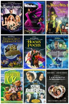 many movies are shown in this collage, including the wizard's and witches