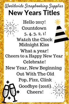 new year's eve party flyer with champagne glasses and hats on the side, in gold glitter