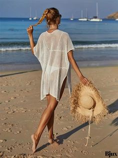 Bjux - Chic Floral Print Crochet Knit Sweater - Stylish V Neck Split Hem Summer Beach Wear - Womens Fashion White Knit Beachwear Cover-up, White Knitted Cover-up For Vacation, Knitted Crew Neck Top For The Beach, White Knit Tops For Beach Season, White Open Knit Cover-up For Beach Party, Stretch Open Knit Beach Cover-up, Casual Crochet Beach Cover-up, Spring Beach Knitted Tops, Casual Crochet Cover-up For Beach