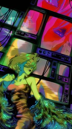 a digital painting of a woman in front of televisions