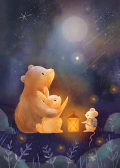 a painting of two bears sitting next to each other in front of the moon and stars