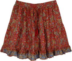 A soft and soothing Indian-style short skirt with three tiers of lightweight fabric.  This royal red skirt has ethnic paisley and floral print all over the fabric with a blue frilled bottom. #tlb #TieredSkirt #Floral #Printed #Paisley #PaisleySkirt #BeachSkirt Bohemian Red Ruffled Skirt, Red Bohemian Ruffled Skirt, Red Ruffled Bohemian Skirt, Bohemian Tiered Skirt With Paisley Print, Bohemian Tiered Paisley Print Skirt, Red Bohemian Mini Skirt, The Little Bazaar, Indian Paisley, Kashmiri Embroidery