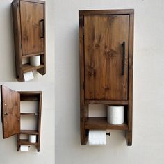 two wooden shelves with toilet paper on them