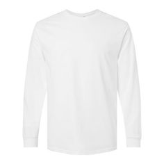 Gildan Ultra Cotton Long Sleeve T-Shirt for Men Gildan Size: S.  Color: White.  Gender: male.  Age Group: adult. Pre-shrunk Long Sleeve White Shirt, Pre-shrunk White Long Sleeve Shirt, Tagless Crew Neck Casual Tops, Casual Tagless Crew Neck Tops, Casual Crew Neck Tagless Top, Basic White Plain Sweatshirt, White Basic Plain Sweatshirt, White Long Sleeved Shirt, White Long Sleeve Shirt