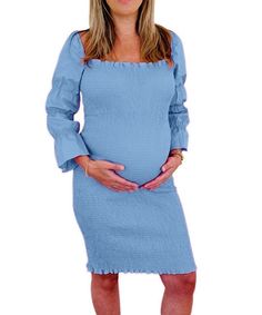 This dress is on point with today's latest fashion trends as it features super stylish puffed sleeves and smocked (stretchy/elastic) material that’s perfect for a growing baby bump. Our best-selling baby shower dress in-store and online! Color: Sky Blue Bodycon fit, above-the-knee length Wear maternity and non-maternity Nursing-friendly! Size Chart - size down for bodycon fit. **We often recommend ordering two sizes and sending back the one that doesn’t fit. Our return policy offers a full refun Spring Dresses With Stretch Elastic Shoulders, Spring Dresses With Elastic Shoulders And Stretch, Fitted Knee-length Smocked Dress With Elastic Sleeves, Spring Maternity Dress, Bump-friendly And Fitted, Spring Maternity Wear Ruched Dresses, Spring Maternity Dress Fitted And Bump Friendly, Fitted Smocked Spring Dress With Elastic Shoulders, Spring Maternity Dress Bump Friendly And Fitted, Fitted Smocked Dress With Elastic Shoulders For Spring