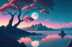 a painting of trees and mountains with the moon in the sky over water at night