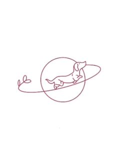 a line drawing of a dog laying on top of a planet with the moon in the background