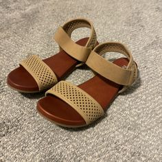 Never Worn, Perfect Condition. Beige Mia Sandals With Ankle Straps. Beige Adjustable T-strap Sandals With Round Toe, Adjustable Beige T-strap Sandals With Round Toe, Beige T-strap Sandals With Ankle Strap For Vacation, Beige Ankle Strap Sandals For Vacation, Beige Adjustable Ankle Strap Wedge Sandals, Ankle-high Synthetic Sandals With Cushioned Footbed, Casual Ankle-high Summer Sandals, Casual Ankle-high Sandals For Summer, Ankle-high Sandals With Buckle Closure For Summer