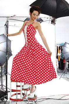 "1980's Retro Red Polka Dot Spaghetti Strap Full Skirt Dress with Princess waistline. awesome open back with cross straps, complete with corset style boning in the bodice and deep front pockets in 100% Cotton. No detail was overlooked in it's construction. ITEM DETAILS: MEASURED FLAT Color: Red with White Polka- Dots CIRCA: 1980 Label: Leslie Lucks Tag Size: 4 Fits Size: Extra Small-Medium Depending On Desired Fit Fabric: 100% Cotton Bust: 17\" Pit to Pit Waist: 13\" Hips: Open Length: 44.5\" Co White And Red Polka Dot Dress, Red Poke Dot Dress, Polka Dot Patchwork Party Dress, Vintage Polka Dot Dress For Daywear, Red Polka Dot Dress Vintage, Red Polka Dot Dress, Full Skirt Dress, 80s Retro, Red Polka Dot