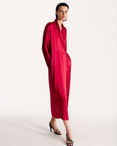 Midi silk wrap-dress a-la peignoir featuring an efforltess fit and pockets- 100% cherry red silk-satin- two pockets- self ties- tailored in Ukraine Silk Robes, Silk Wrap Dresses, Silk Robe, Silk Wrap, Red Silk, Cherry Red, And Dresses, Silk Satin, Silk Dress