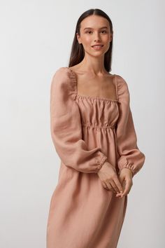 "MARGOT is a true definition of effortless chic long sleeve linen dress.  DETAILS - Square neckline - Long sleeve - Midi length - Oeko-Tex certified 100% local washed midweight linen - Cut and sewn to order just for you in our studio COLOR - Camel, you can also choose other colors above - Fabric samples are available here https://www.etsy.com/listing/586569696/linen-fabric-samples SIZING & FIT - Fit true to size - Model is 5'9.5\" / 177cm and wearing a size XS CARE FOR LINEN - Machine wash up to 30ºC/86ºF gentle cycle - Lay flat to dry or tumble dry low - Warm iron if needed - Do not bleach SIZE GUIDE Size conversion guide Size XS (US 0-2, IT 36-38, UK 4-6, Japan 3-5, France 32-34) Size S (US 4-6, IT 40-42, UK 8-10, Japan 7-9, France 36-38) Size M (US 8-10, IT 44-46, UK 12-14, Japan 11-13, Square Neck Linen Mini Dress For Brunch, Linen Mini Dress With Square Neck For Brunch, Long Sleeve Linen Dress For Brunch, Chic Long Sleeve Beige Linen Dress, Chic Beige Linen Long Sleeve Dress, Chic Long-sleeved Linen Mini Dress, Solid Linen Long Sleeve Dress For Spring, Chic Linen Long Sleeve Mini Dress, Long Sleeve Linen Dress For Spring