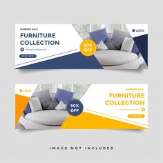 two banners for furniture sale with blue and yellow accents on the front, one has a couch