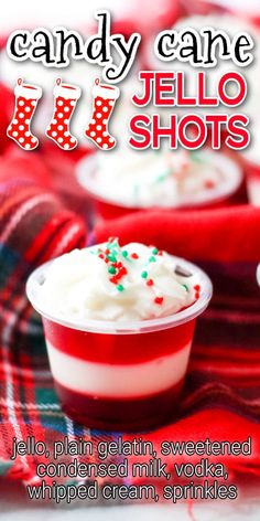 candy cane jello shots in plastic cups with sprinkles on red plaid tablecloth