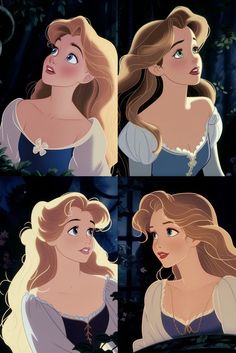 the princess from beauty and the beast is shown in four different scenes, including one with long blonde hair