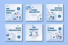 six square banners with people working on computers, and the words we protect data in blue