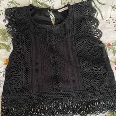 Very Cute Tank Top Blouse, Never Worn Black Crochet Crew Neck Top For Summer, Black Crew Neck Crochet Top For Summer, Chic Black Tops With Lace Trim, Casual Black Lace Blouse, Black Crochet Top With Short Sleeves For Summer, Chic Black Tops With Floral Embroidery, Black Short Sleeve Crochet Top For Spring, Black Casual Crochet Top With Short Sleeves, Black Lace Top Blouse With Crew Neck