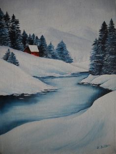 a painting of a snowy scene with a cabin and stream in the foreground, surrounded by pine trees