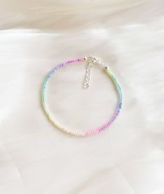 Pastel Ombre Bracelet / Anklet With Iridescent Seed Beads Silver Plated, Sterling Silver, or Gold Filled Clasp and Extension Chain - Etsy Adjustable Sterling Silver Beaded Bracelets With Colorful Beads, Adjustable Dainty Anklets With Colorful Beads, Dainty Adjustable Anklets With Colorful Beads, Dainty Colorful Beads Anklets As A Gift, Dainty Adjustable Single Strand Beaded Bracelets, Dainty Anklets With Colorful Beads As Gift, Dainty Colorful Beaded Anklets As Gift, Adjustable Rainbow Jewelry With Tiny Beads, Silver Bracelets With Round Beads For Summer