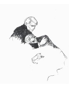 a black and white drawing of a man holding a baby in his arms, with another person's arm around him