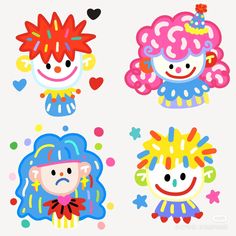 four cartoon clowns with different colored hair