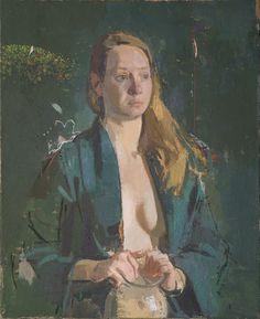 a painting of a woman with no shirt holding something in her hands and looking off to the side